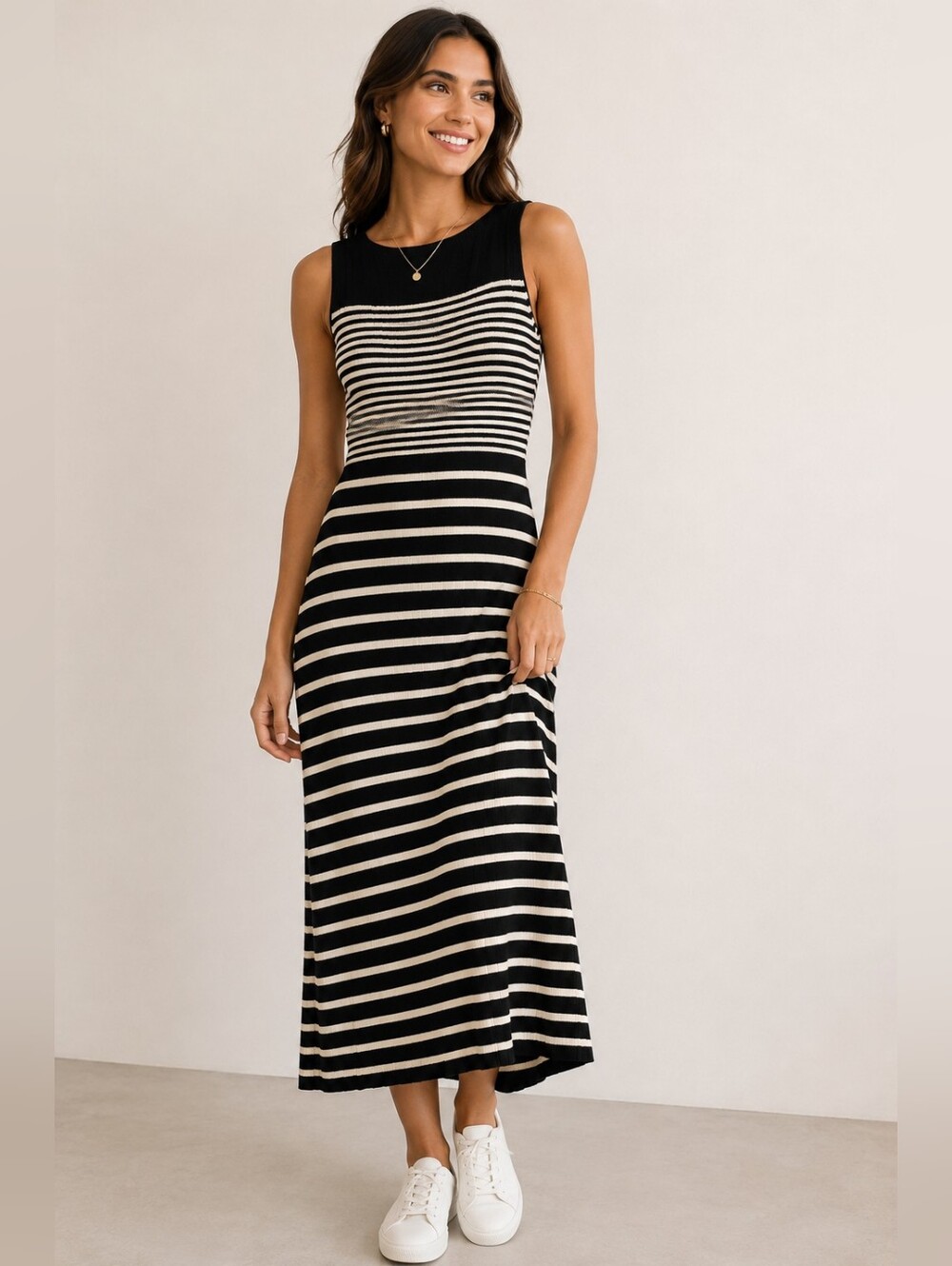 🖤🤍 A New Day Striped Knit Midi Dress | Sleeveless Ribbed Sweater Dress | Size